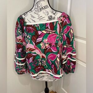 Cynthia Rowley Floral Off-Shoulder Linen Top - Pink and Green Size Large.